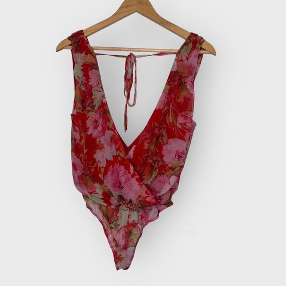 Lulus Sheer Mesh Floral Bodysuit Sm Red Pink Plunge Tie Back Romanticcore Chic - Picture 5 of 5